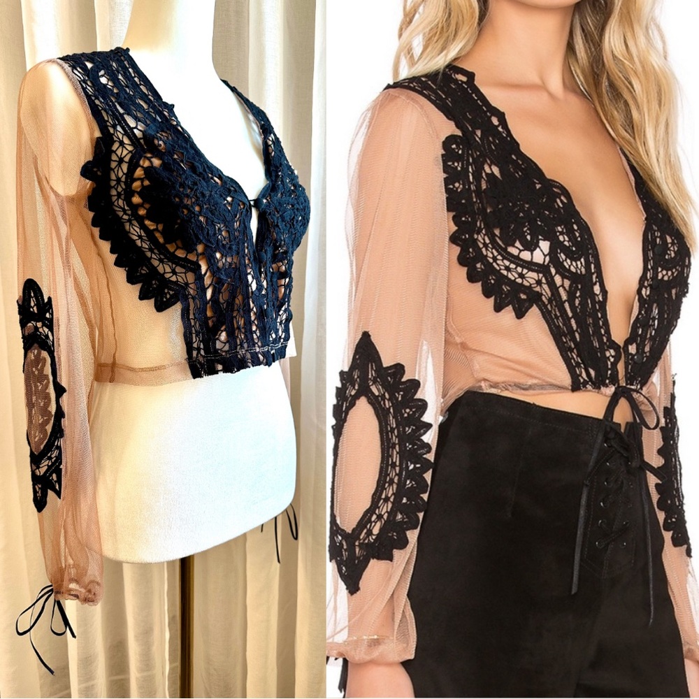 XS For Love and Lemons Penelope Crop Top Black/Nude long sleeve